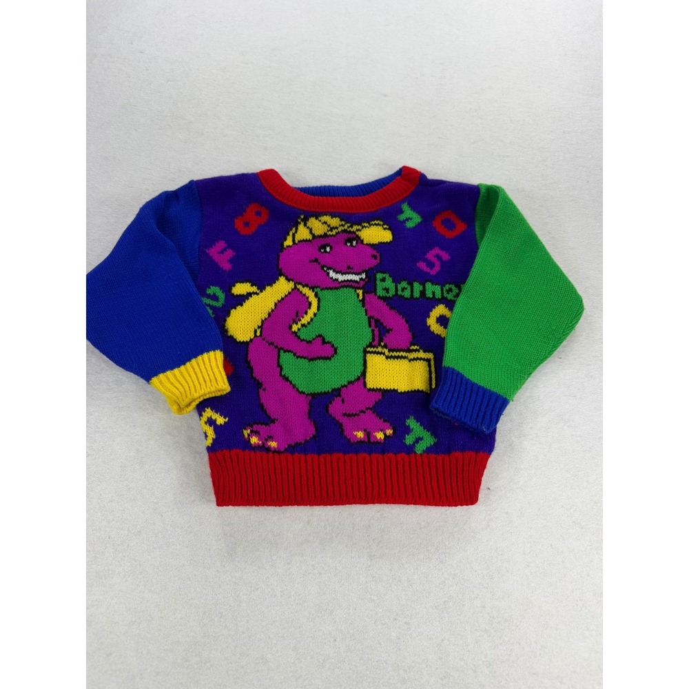 Vintage 1992 Barney the Dinosaur Kids Sweater Colorblock Knit 2T E27716 USA Made